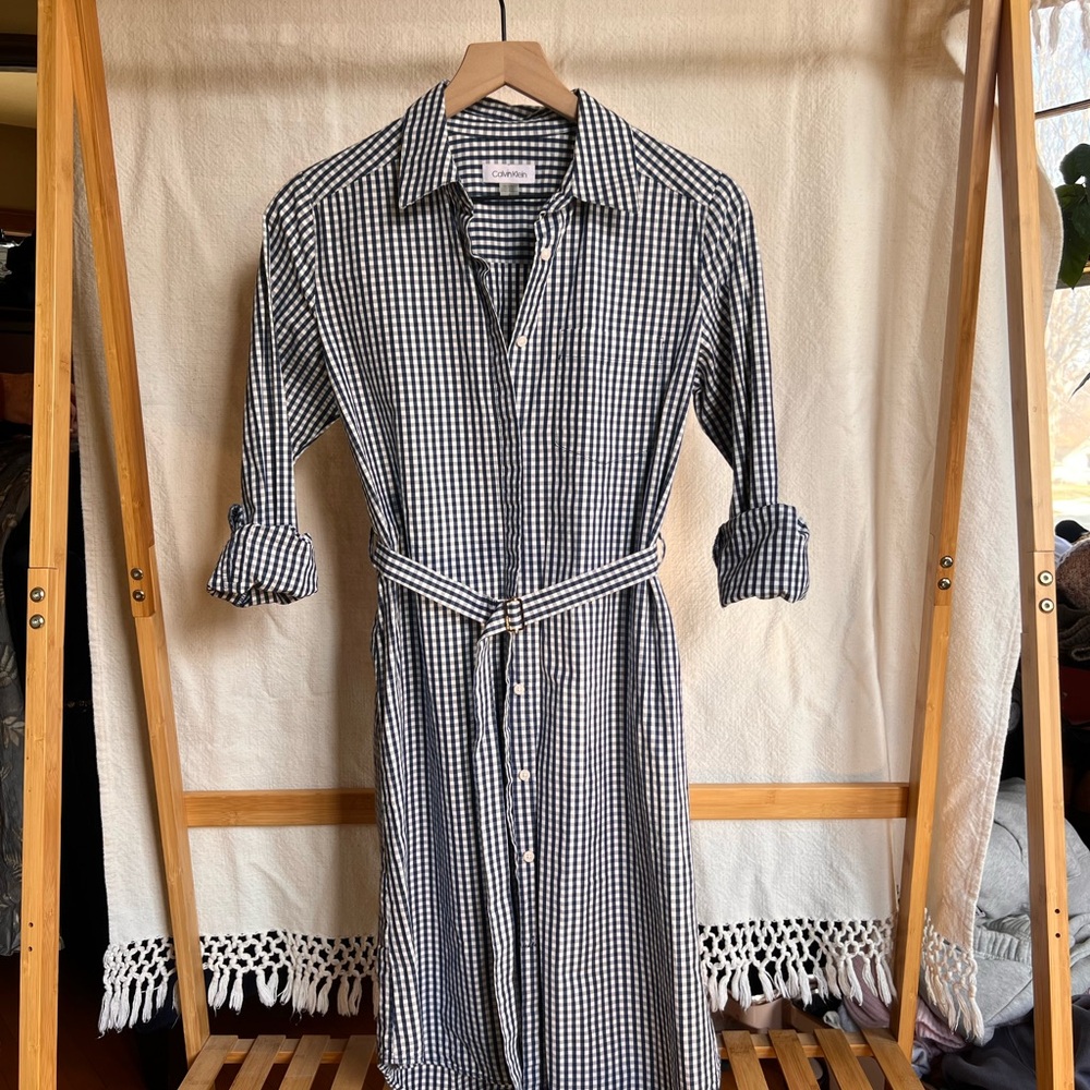 Calvin Klein Navy and White Gingham Shirt Dress with Waist Tie